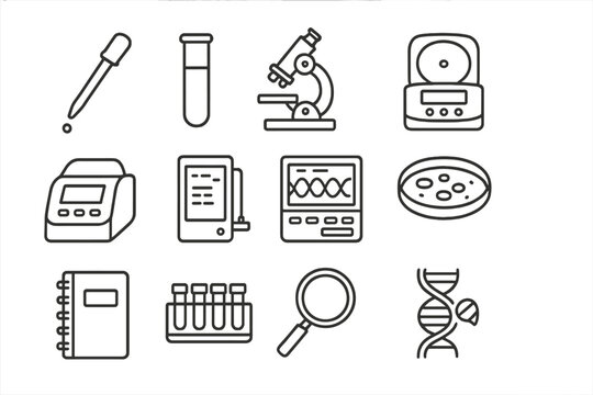 Genetics Lab Icons. Line style icons of Laboratory Genetics Tools: pipette, test tube, microscope, centrifuge; PCR machine,