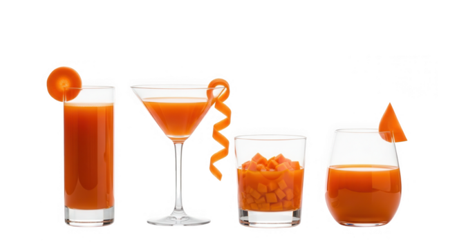 Four presentations of fresh carrot juice isolated on transparent background