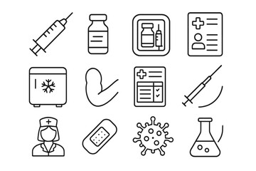 Vaccination History Icons. Line style icons of Vaccination History: syringe, vaccine vial, injection tray, medical chart; cold