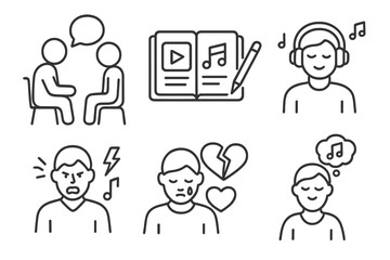 Music Therapy Icons. Line style icons of music therapy for adults: talk and music session, adult journal with music,