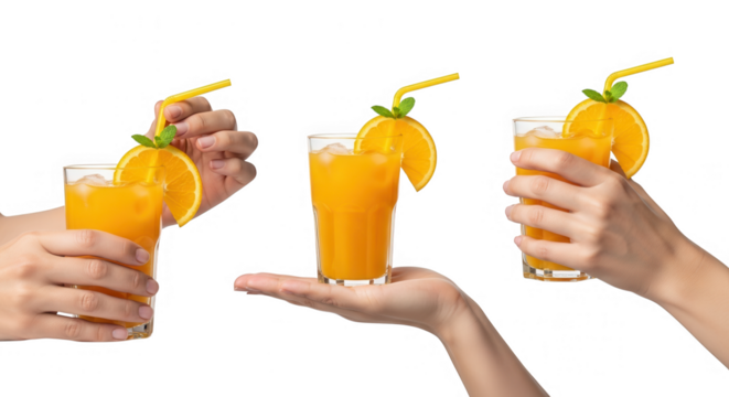 Hands holding glasses of fresh orange juice isolated on transparent background