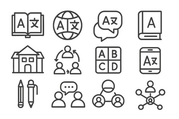 Global Language Icons. Line style icons of Global Languages: translation book, globe with letters, speech bubbles, dictionary;