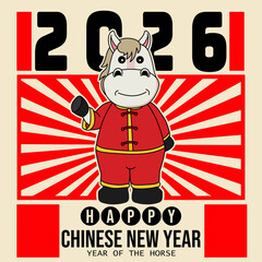 Chinese New Year 2026 : Bold, Pop Art style square design. Horse mascot in red Tang suit waving over a high-contrast red and cream sunburst. Perfect for striking social media post and posters.