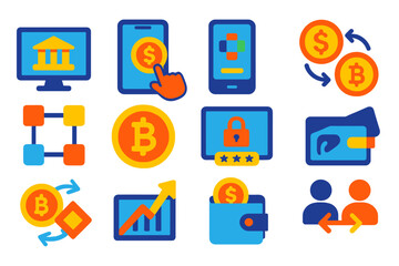 Digital Finance Icons. Flat vector icons of digital finance: online banking, mobile payment, fintech app, cryptocurrency exchange,