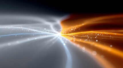 Abstract digital art featuring glowing light trails in orange and white, with small particles scattered throughout. The trails converge towards a bright central