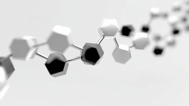 A close-up, abstract 3D render of a molecular structure composed of interconnected hexagonal shapes, some white and some black, against a clean, bright white ba