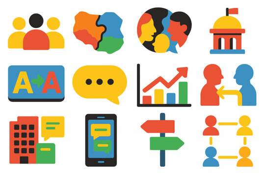 Sociolinguistics Icon Set. Flat vector icons of sociolinguistics: community group, dialect map, conversation circle, cultural icon
