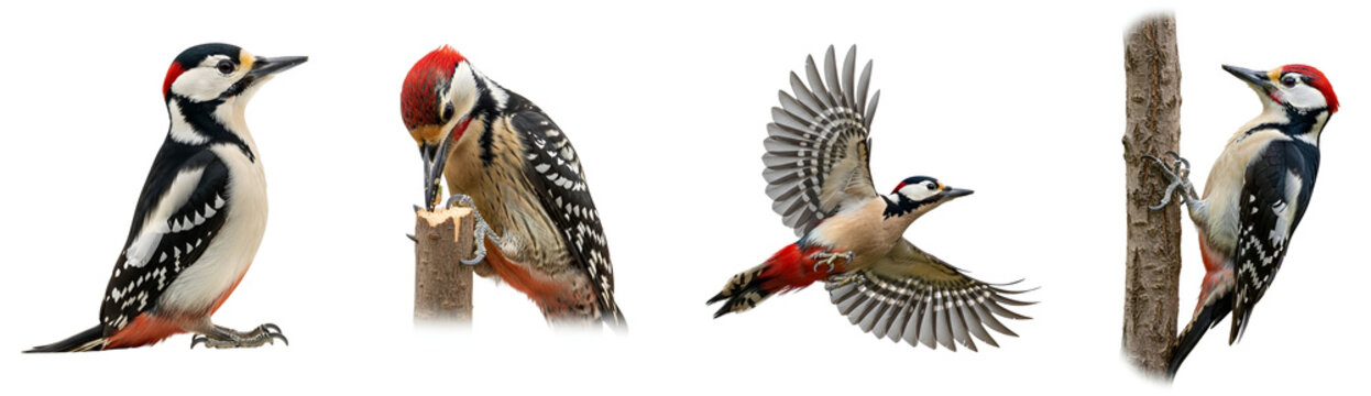 A compilation of great spotted woodpeckers in various poses and activities on a plain presentation on transparent background