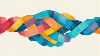 Colorful abstract composition of interlocking textured brushstroke-like bands flowing horizontally, evoking connection and harmony against light background