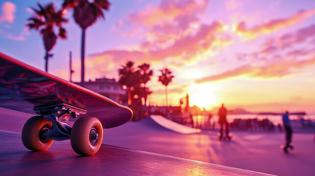 Close-up of skateboard silhouetted against stunning California sunset over vibrant beach skatepark, with blurred figures enjoying golden hour among palm trees and coastal views