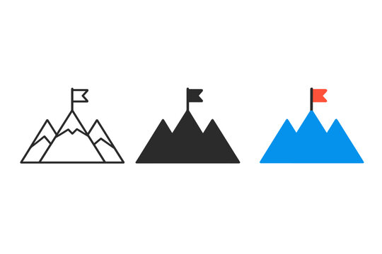 Stylized Mountain Icons. Minimalist mountain travel icon: three identical mountain peaks with a small flag on top in a row, first