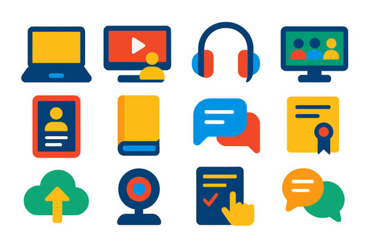 Online Learning Icons. Flat vector icons of online learning: laptop, video lecture, headphones, virtual classroom, tablet, e-book,