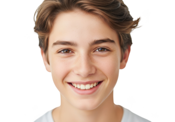 A close-up portrait of a young man smiling at the viewer, boy, eye, freckle, hair, man, portrait, shirt, smile, white, woman