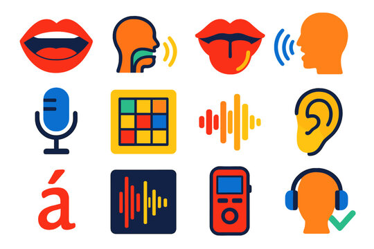 Phonetic Icons Collection. Flat vector icons of phonetics and pronunciation: mouth icon, tongue diagram, lips movement, speech