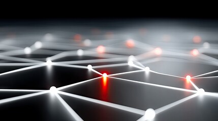 An abstract digital network visualization with interconnected glowing nodes. Some nodes and connections are highlighted in red, set against a dark, futuristic b