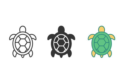 Minimalist Turtle Icons. Minimalist turtle animal icon: three identical turtles with shell patterns in top view in a row, first in