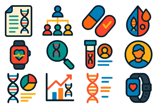 Genetic Insights Icons. Flat vector icons of personalized genetics: genome report, ancestry chart, personalized medicine pill,