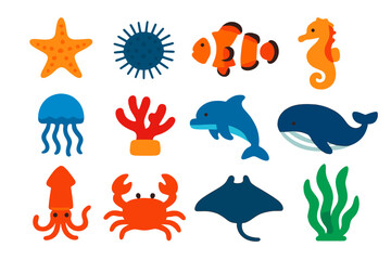 Naklejka premium Marine Biology Icons. Flat vector icons of marine biology: starfish, sea urchin, clownfish, seahorse, jellyfish, coral polyp,