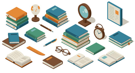 Isometric study desk essentials with books, stationery, and decor