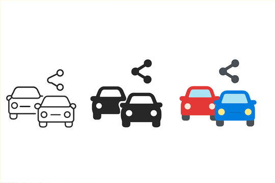 Car Sharing Icon. Minimalist car sharing icon: three identical cars with a small share arrow symbol in a row, first in line style