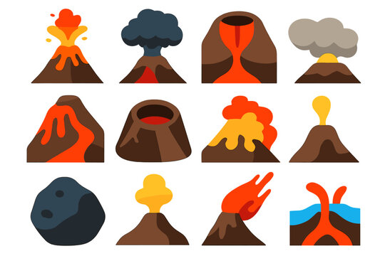 Volcano Icon Set. Flat vector icons of volcanoes: erupting volcano, lava flow, ash cloud, magma chamber, crater, volcanic rock,