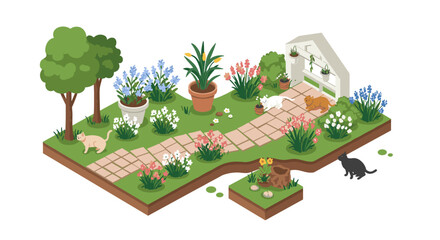 Naklejka premium Isometric garden scene with cats and flowers in a peaceful setting