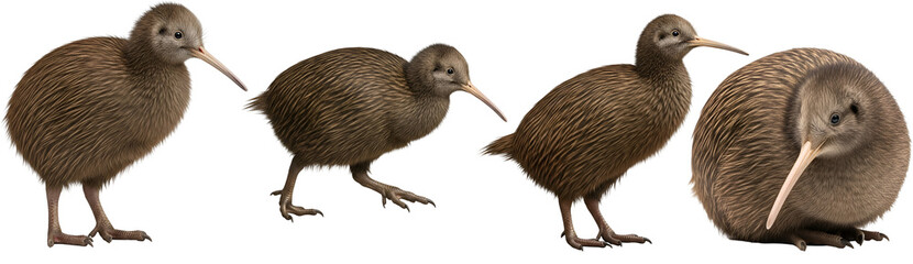 Four kiwi birds standing in a row with a plain color, isolated on a plain color, studio shot on transparent background