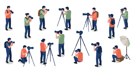 Fototapeta premium Diverse photographers in action with cameras and tripods in an isometric style