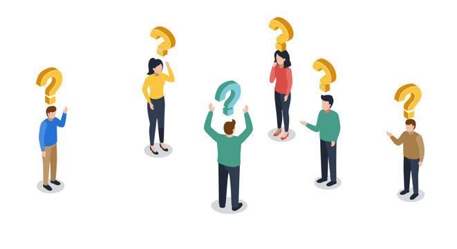 Team brainstorming session with question marks in 3d isometric style