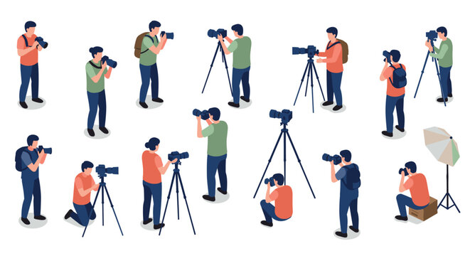 Diverse photographers in action with cameras and tripods in an isometric style