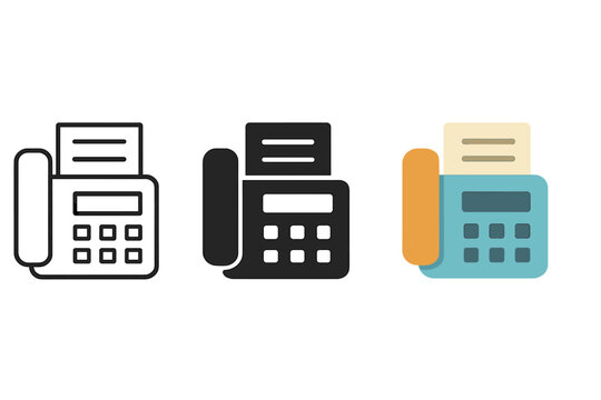 Fax Machine Icons. Minimalist fax machine office icon: three identical fax machines with paper sheet in a row, first in line style