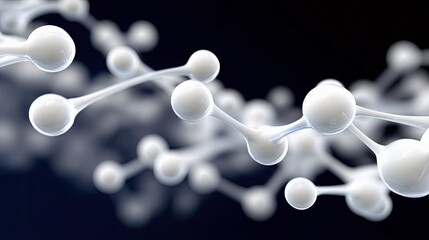A close-up, abstract 3D render of a complex molecular structure composed of white spheres connected by translucent rods, set against a dark, blurred background.