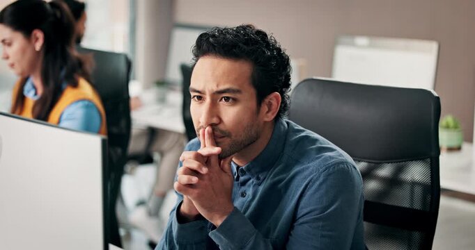 Office, thinking and man with computer, serious and proofreading story for journalism and coworking. Creative, reporter and people with technology for article, reflection and inspiration in newsroom