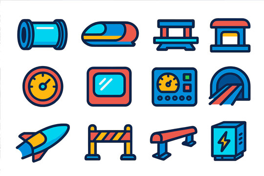 Hyperloop Iconset. Flat vector icons of hyperloop technology: vacuum tube, pod capsule, magnetic levitation track, station