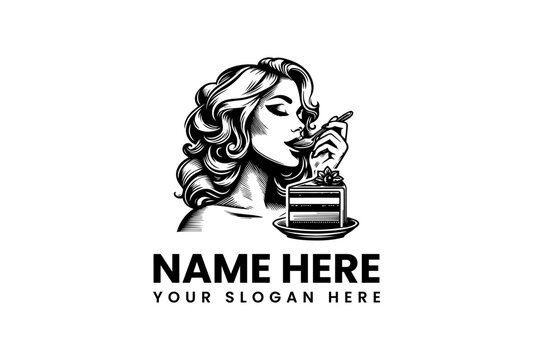 Elegant woman enjoying a slice of cake - Vector logo illustration for bakery and dessert businesses - 23