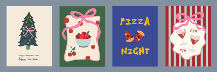 Christmas card designs set. Modern winter template cute hand drawn vector elements. Vintage italian whimsical style. Cin cin. La dolce Vita. Merry Christmas and Happy New Year.