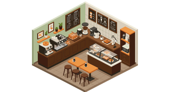 Cozy isometric coffee shop interior with pastries and modern decor