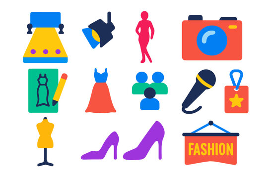 Fashion Show Icons. Flat vector icons of runway and modeling: catwalk stage, spotlight, model silhouette, camera, fashion sketch,