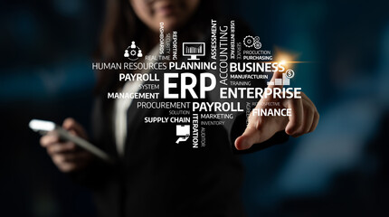 A business professional interacts with enterprise resource planning concepts on a touchscreen, showcasing technology role in modern management and efficiency. Tessel