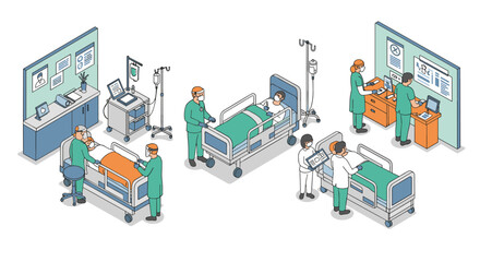 Obraz premium Isometric hospital ward scene with medical staff and patients in modern healthcare setting
