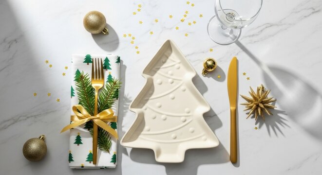 Elegant Christmas table setting with golden accents for festive holiday meal