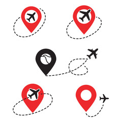 Travel icons depicting airplanes map markers and flight paths on white background