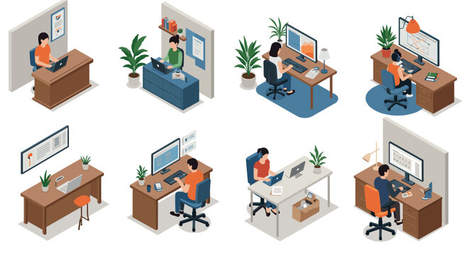 Isometric home office setups featuring diverse workstations and accessories - Powered by Adobe