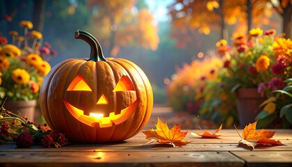 Lit pumpkin with a smiling face on a wooden surface, set in a colorful autumn garden scene in soft focus