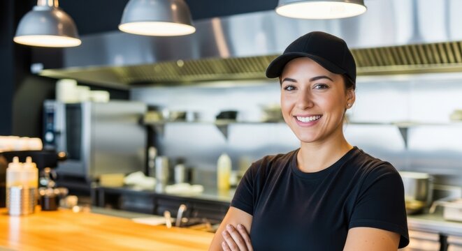 Friendly waitress welcomes you to dine in our modern, clean restaurant