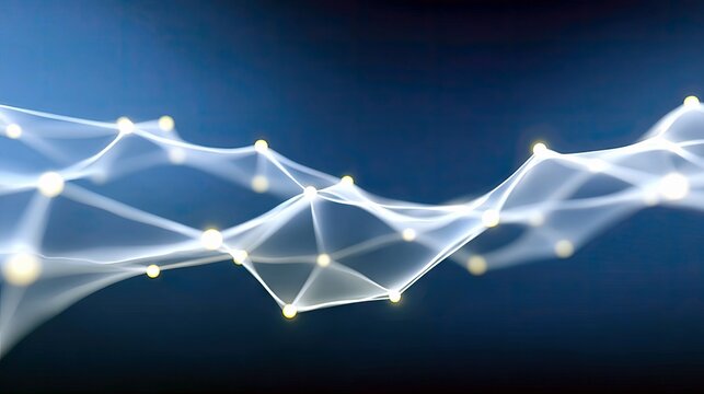An abstract representation of a digital network with interconnected glowing nodes and lines against a dark blue background, suggesting data flow and connectivit
