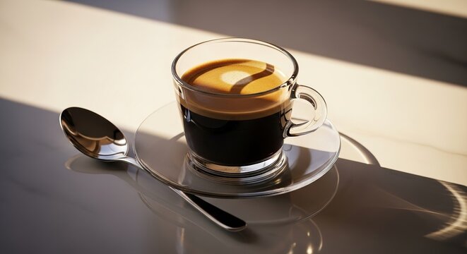 A clear glass cup filled with dark espresso coffee topped with golden crema sits on a white saucer with a spoon beside it, illuminated by sunlight creating shadows