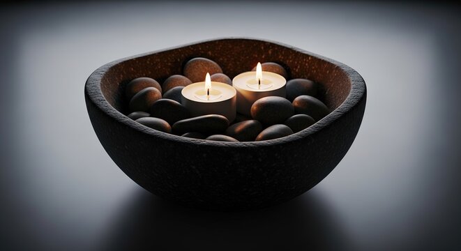 Two lit candles rest in a dark, textured bowl filled with smooth river rocks, creating a warm glow in a dimly lit environment with a subtle vignette effect