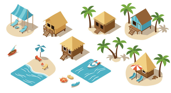 Isometric beach resort cottages with palm trees and loungers for a tropical vacation