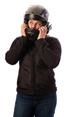 Adjusting her motocycle helmet